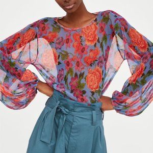 ZARA Collection floral print pleated T-shirt Longsleeve  Women's Large